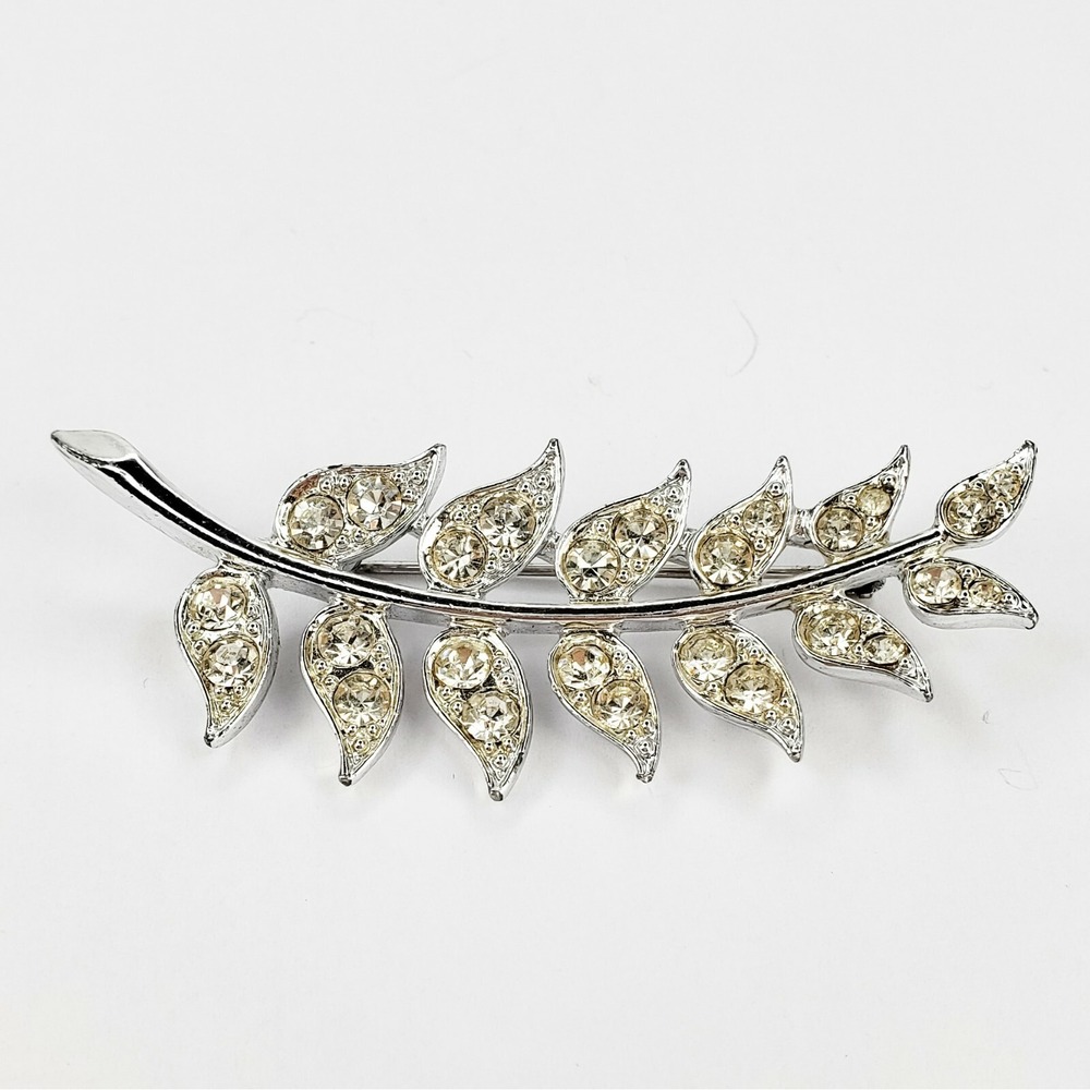 Sarah Coventry Brooch Rhinestone OS Silver Leaf Branch Pin Vintage Jewelry